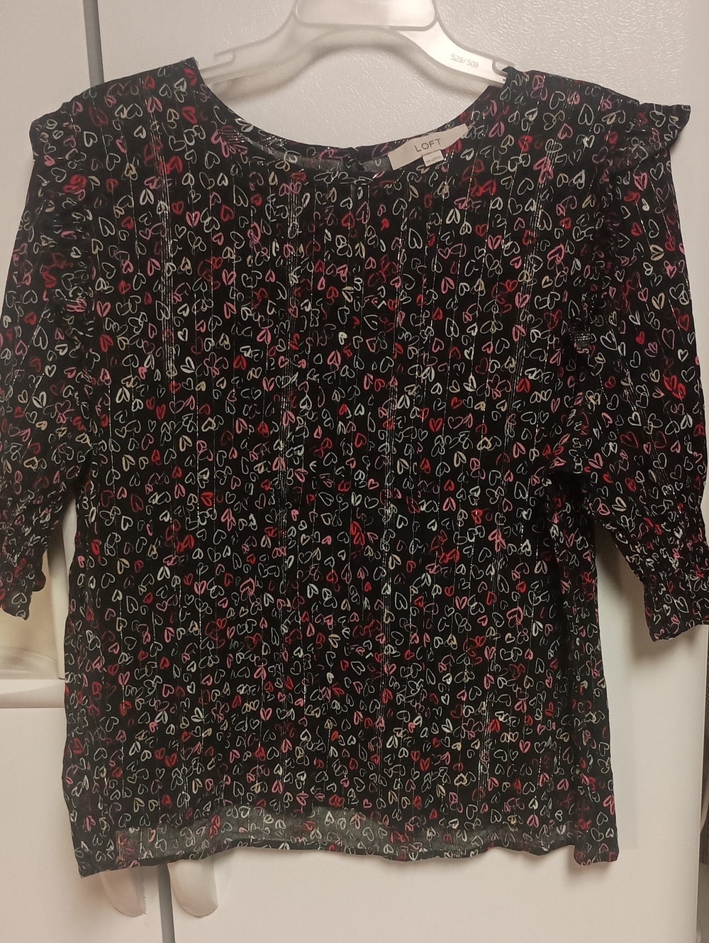 LOFT Black And Pink Heart-Print Pleated Short-Sleeve Blouse Women's Size XXL